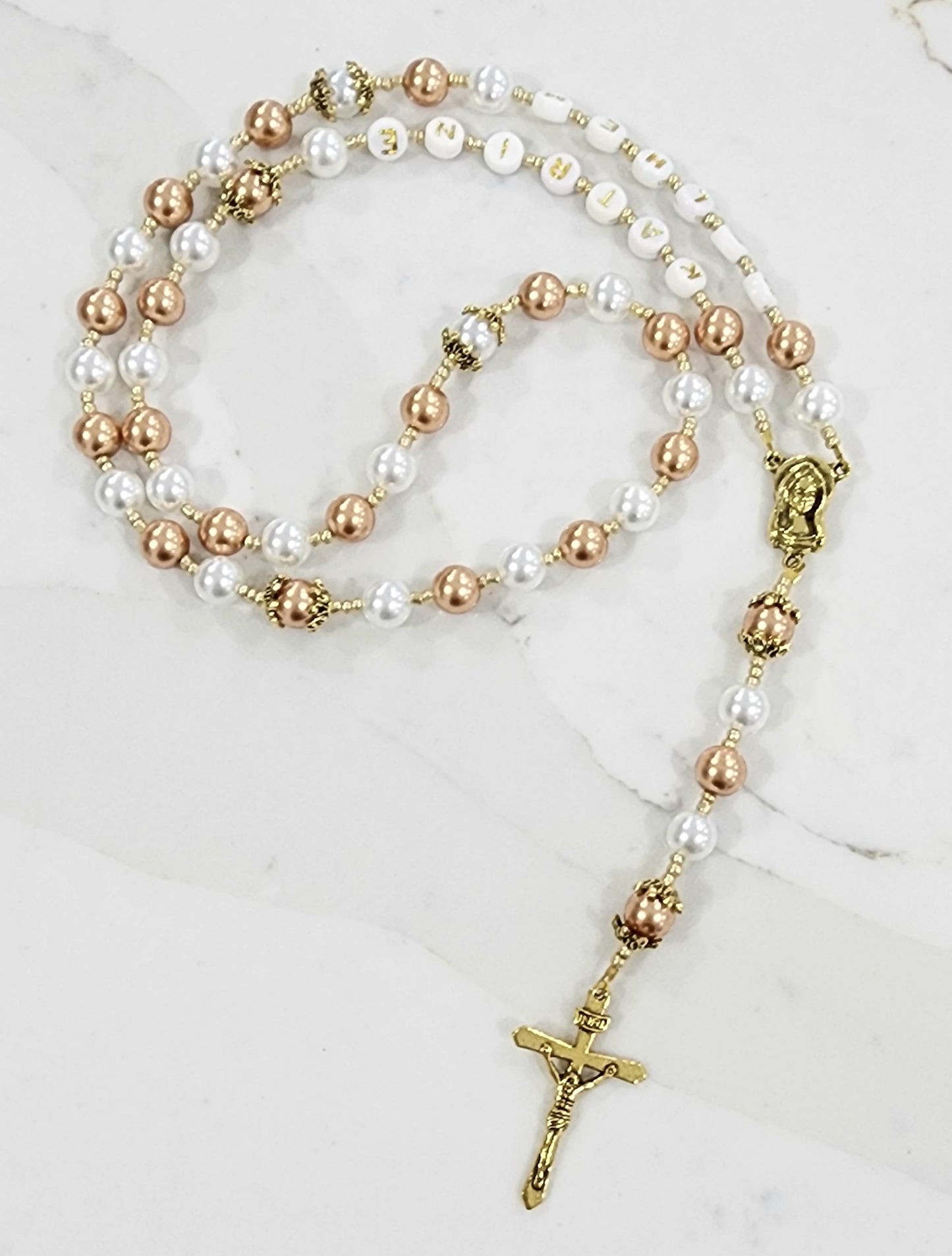 Two Tone White & Gold Pearl Rosary