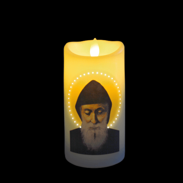 Light up led candle with a picture of Saint Charbel