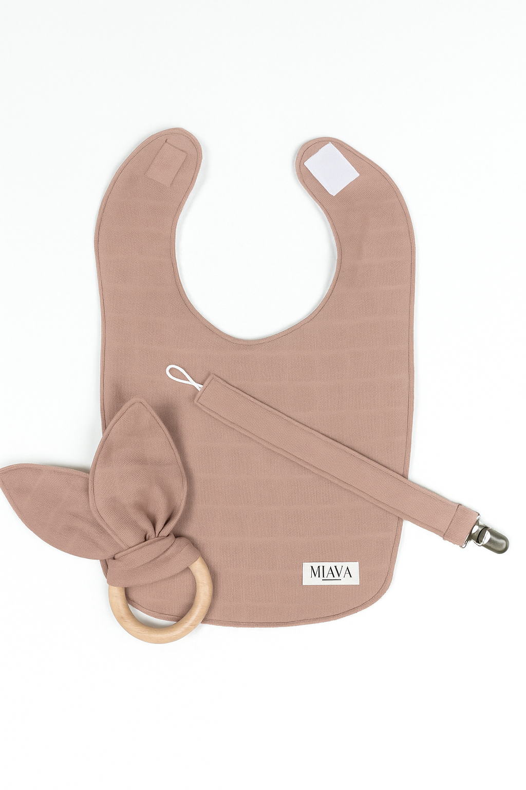 Bib, dummy clip and toy set